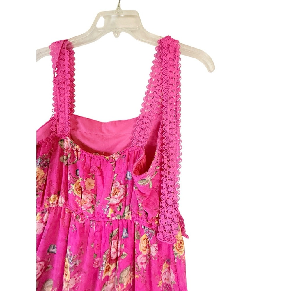 Blu Pepper Pink Floral Lace Trim Maxi Dress Cottagecore Boho Romantic Size L